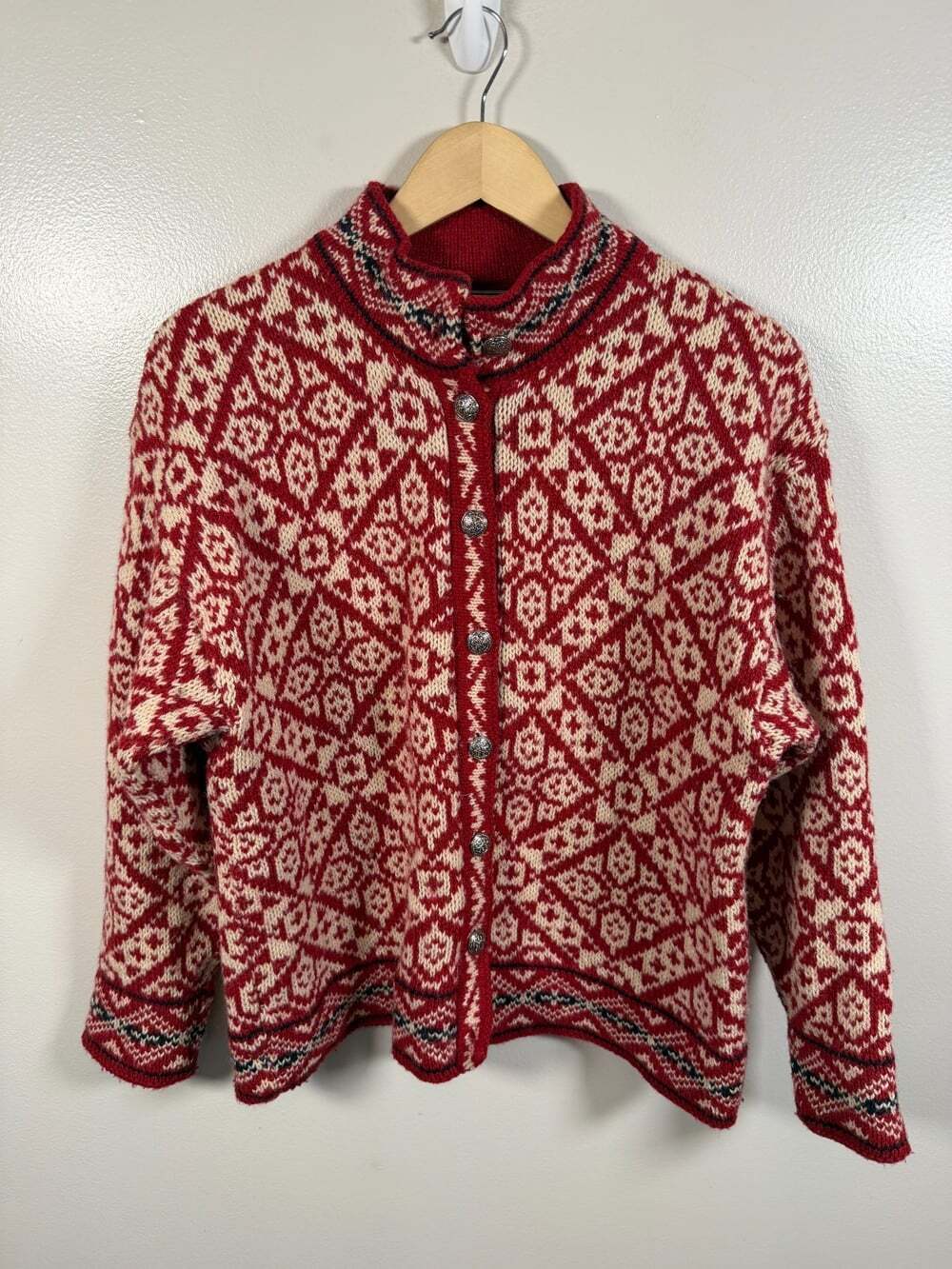 Vintage LL Bean Nordic Cardigan Sweater Womens Medium Wool Red Made In USA